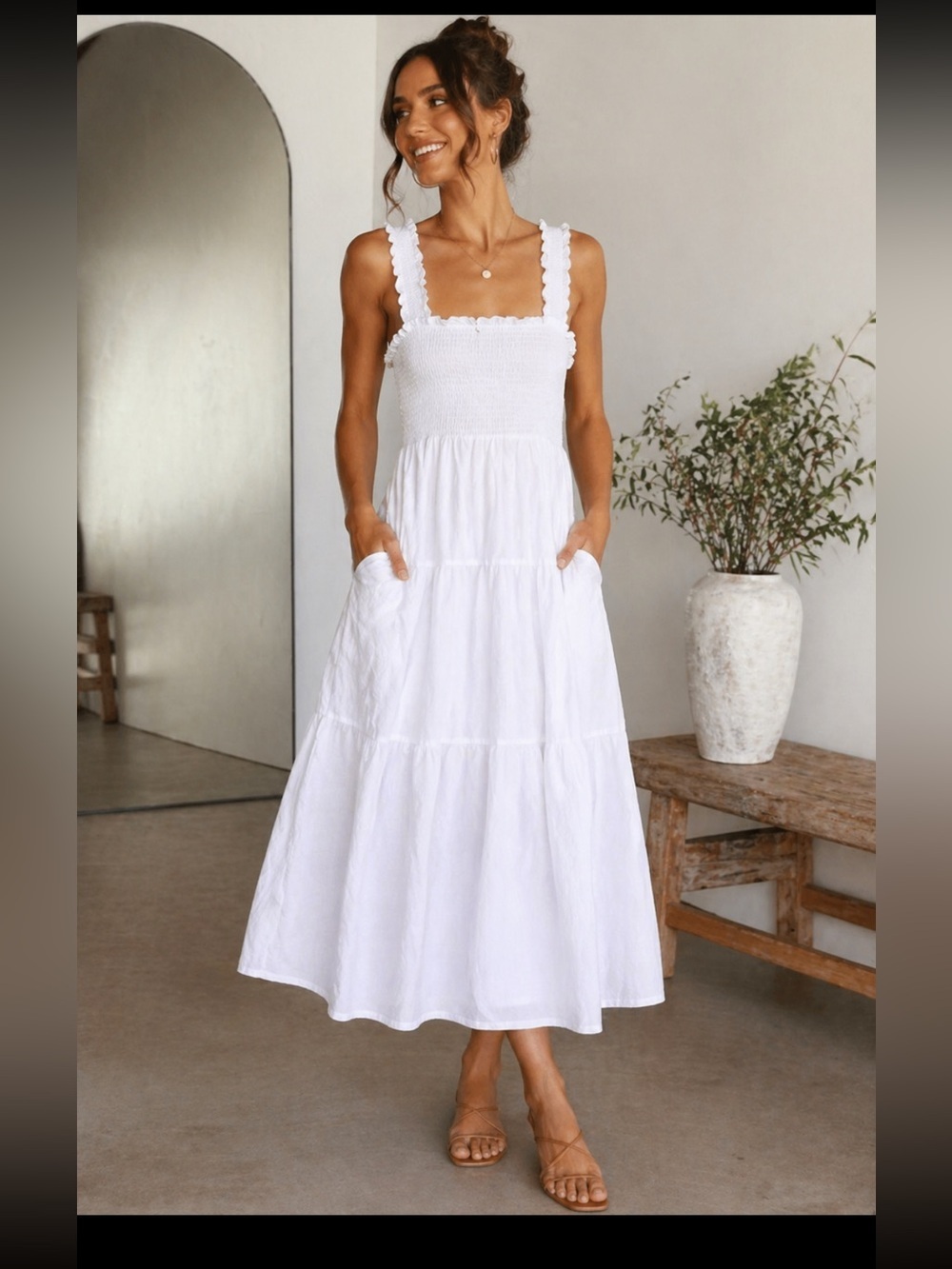 Caara White Smocked Midi Dress Pockets Tiered 50” Length Size L NWT